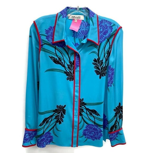 Diane Von Furstenberg Blue w/Red Trim Silk Blouse - Picture 1 of 3